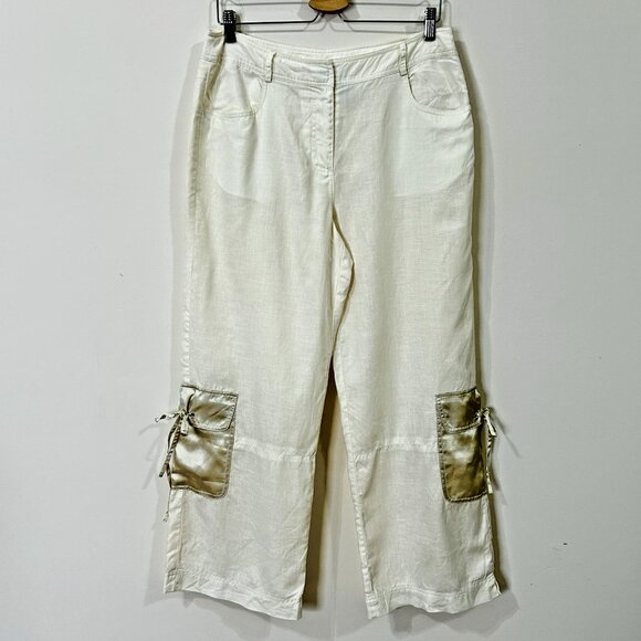 WILLI SMITH Linen Pants Sz 10 Wide Leg Ivory High Rise 90s Y2K Lagenlook Pockets - Picture 1 of 12